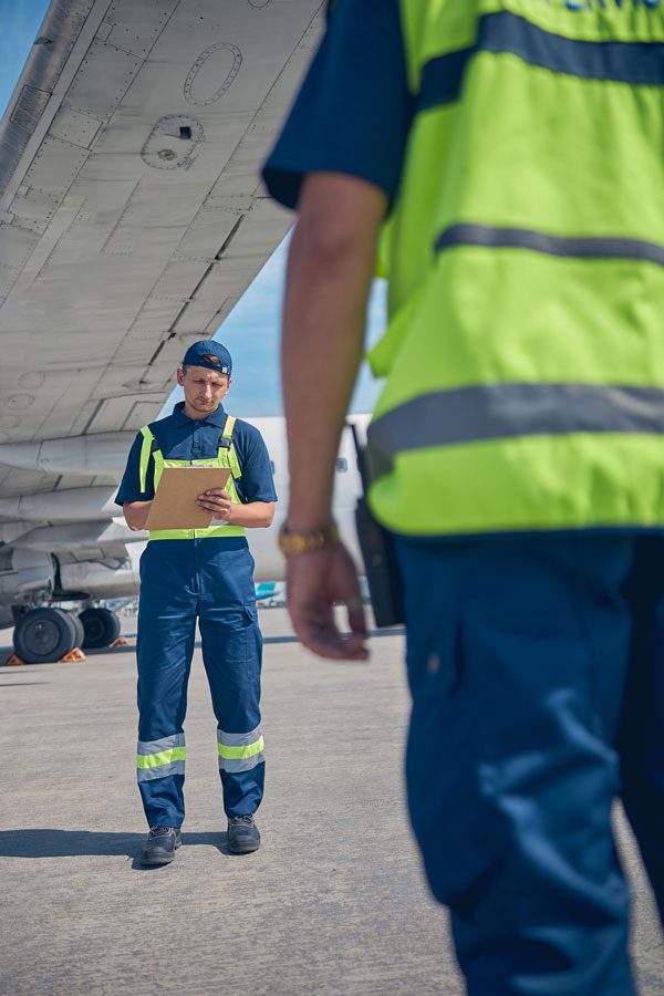 2 air field employee checking things off a list on a clipboard