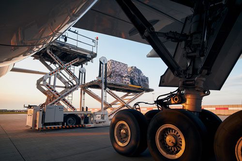 airplane cargo being lifted up to plane